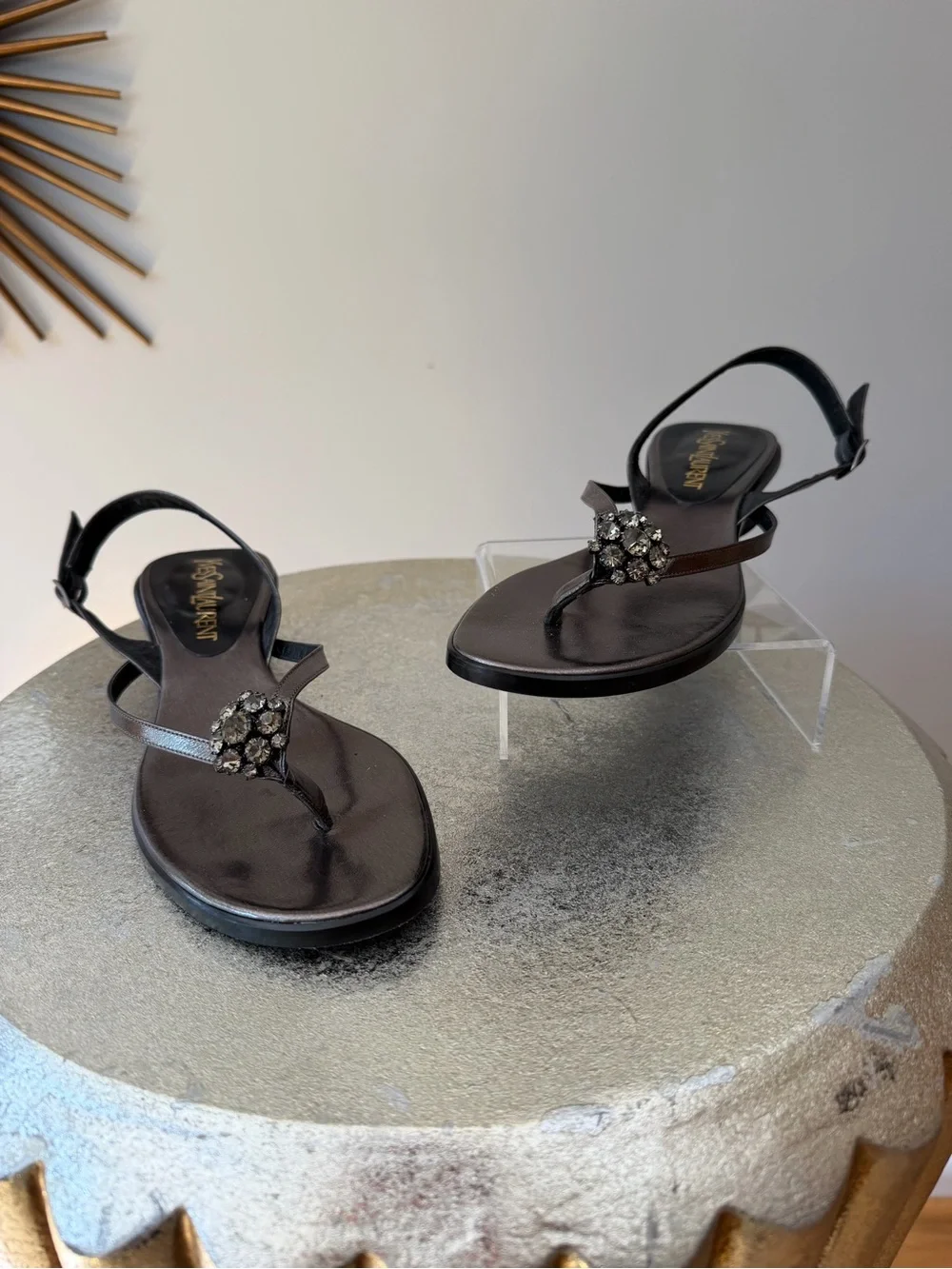 Yves Saint Laurent Black Jeweled T-Strap Slingback Sandals - Picture 2 of 7